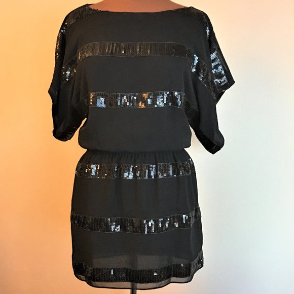 JESSICA SIMPSON Black Sequin Stripe Blouson Dress - Picture 2 of 10